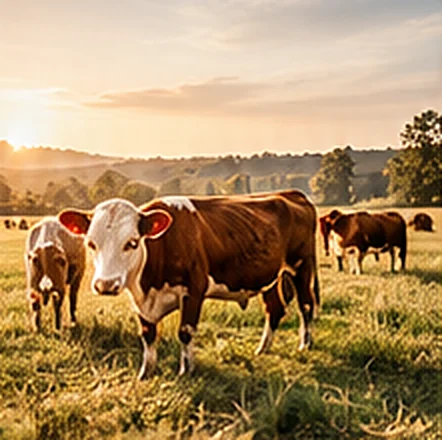 Cattle grazing on a farm at sunset